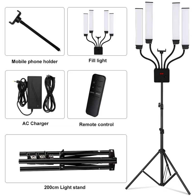LED Video Light 80W Four Arm Beauty Light with Adjustable Tripod Dimmable 3000-6