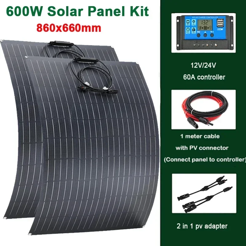 600W 300W Solar Panel Kit 18V Flexible Monocrystalline Solar Cell Power Charger