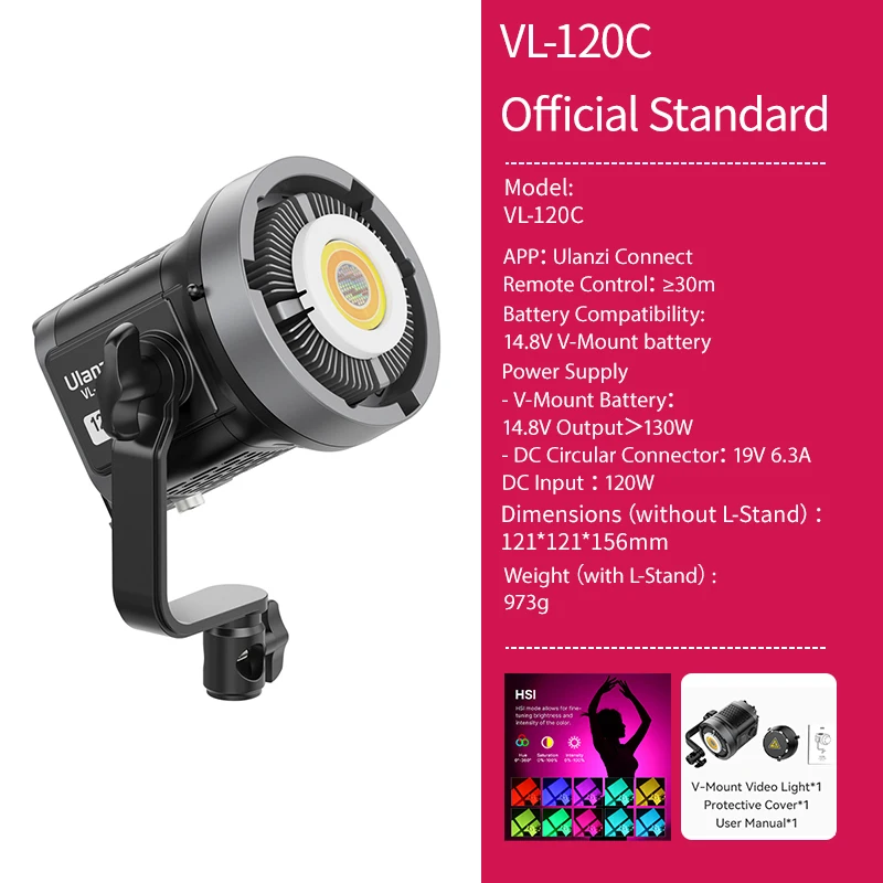 Vl-120Bi VL-120C 120W V-Mount COB Video Light Wireless APP Control 2700K-6500K C