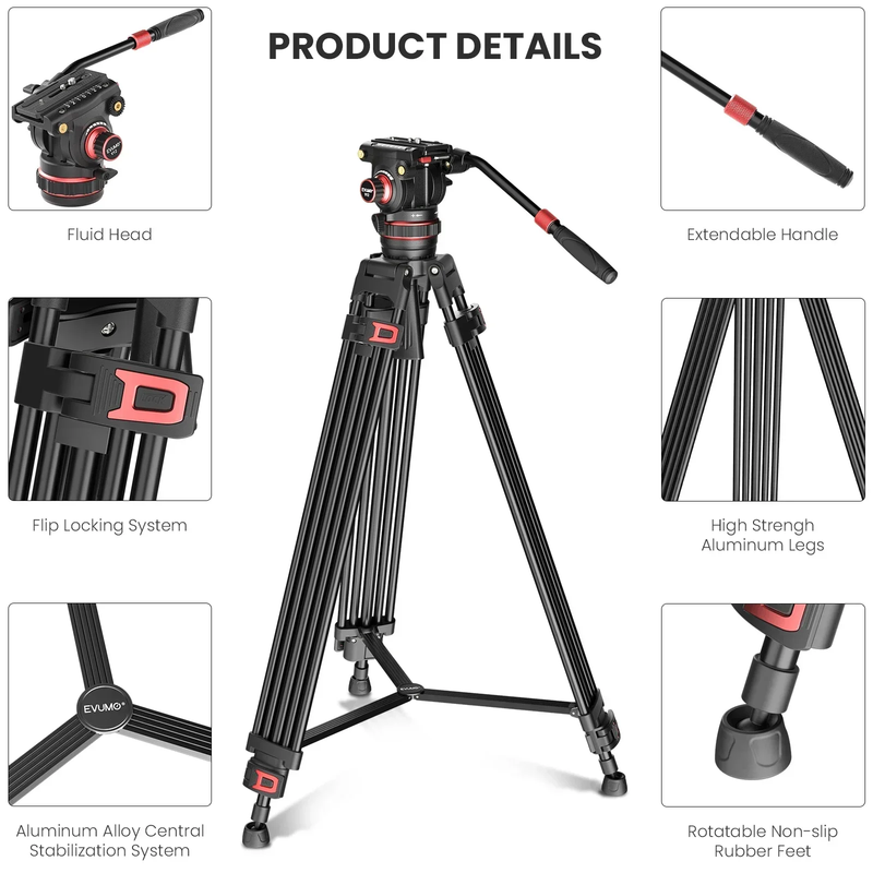 DF6 Professional Video Tripod Stand 74'' Metal Heavy Duty Panorama Head 3Section