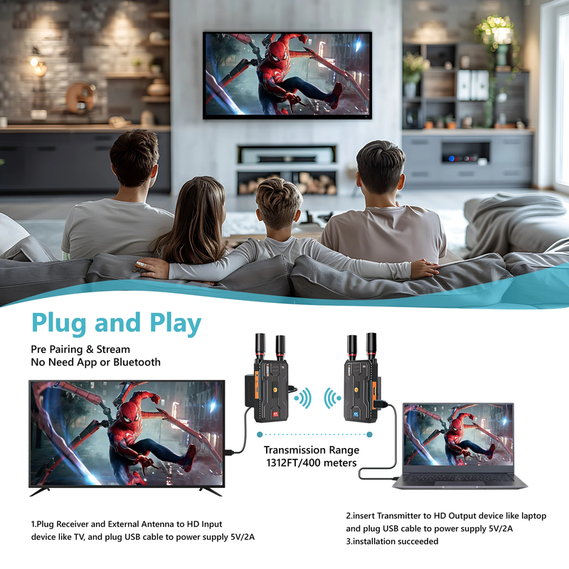 4K Wireless HDMI Video Transmitter and Receiver Extender Kit 400M Los Range for