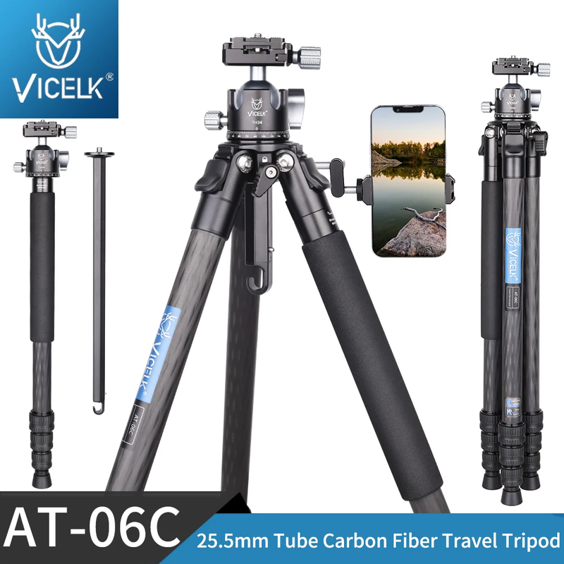 AT-06C Compact Carbon Fiber Tripod,25.5Mm Tube Professional Travel Tripod Monopo