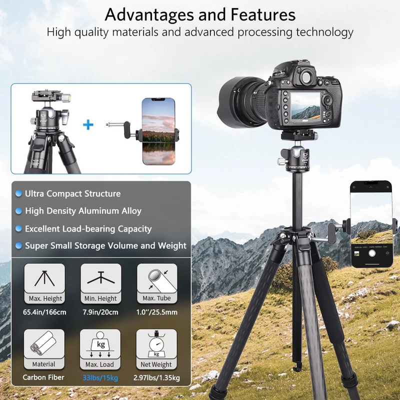 AT-06C Compact Carbon Fiber Tripod,25.5Mm Tube Professional Travel Tripod Monopo