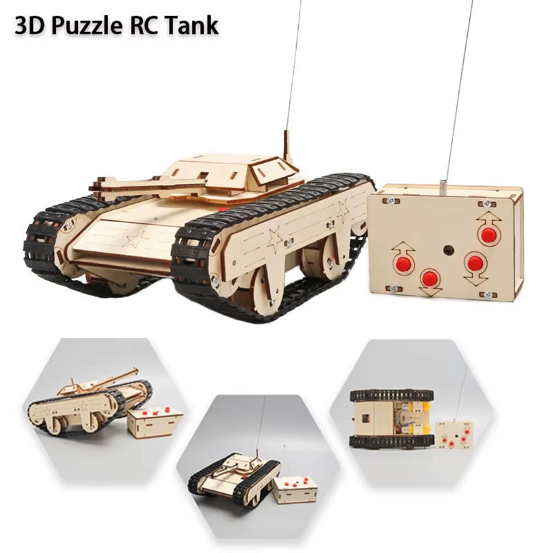 DIY Wooden 3D Puzzle Tank Model Science Kit Assembly Toys Rc Tank Physics Electr