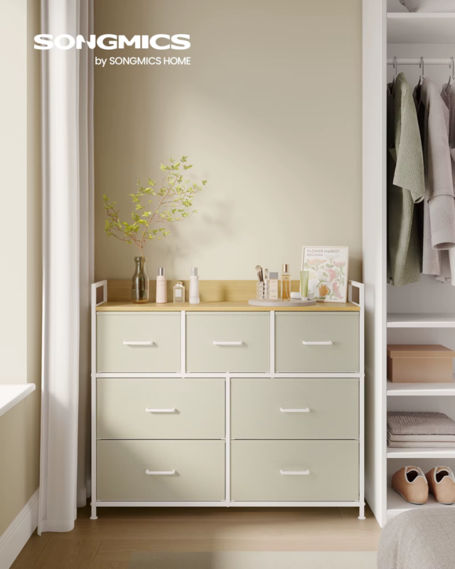Chest of Drawers, Bedroom Cabinet, 7 Fabric Drawers with Handles, Metal Frame