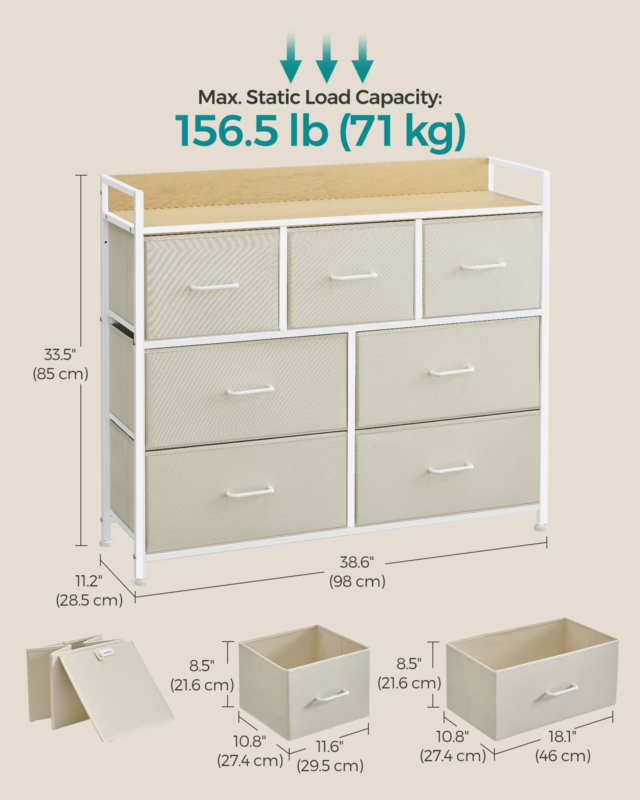 Chest of Drawers, Bedroom Cabinet, 7 Fabric Drawers with Handles, Metal Frame