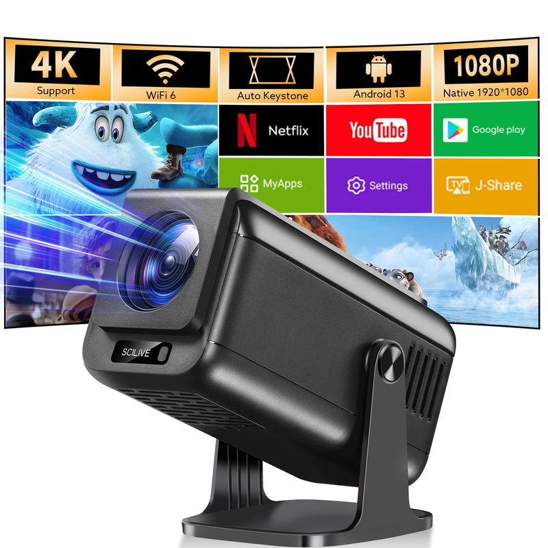 4K Full HD Projector SCILIVE Android 13 Dual Wifi6 3D Home Theater Portable Beam