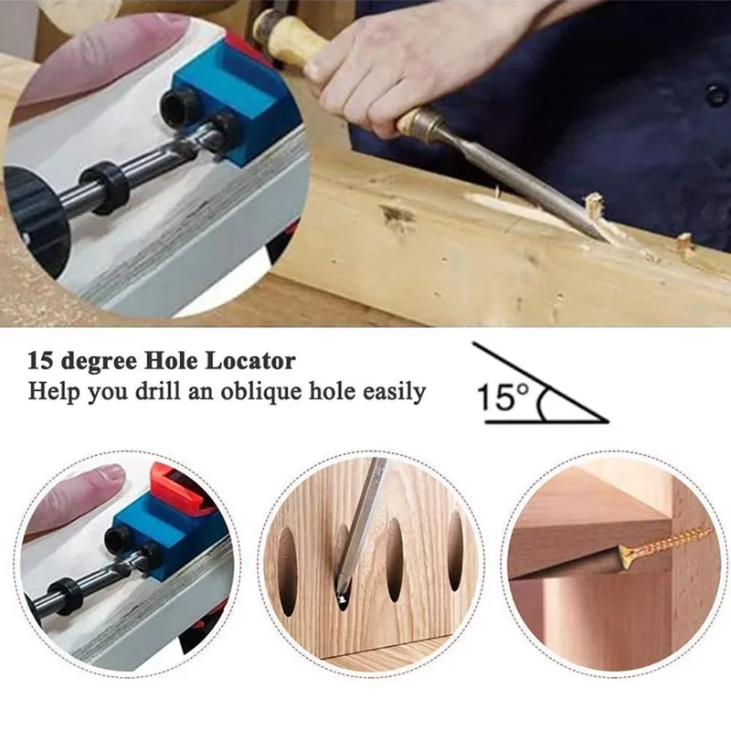 Woodworking Oblique Pocket Hole Locator Jig Kit 15 Degree Angle Drill Guide Set