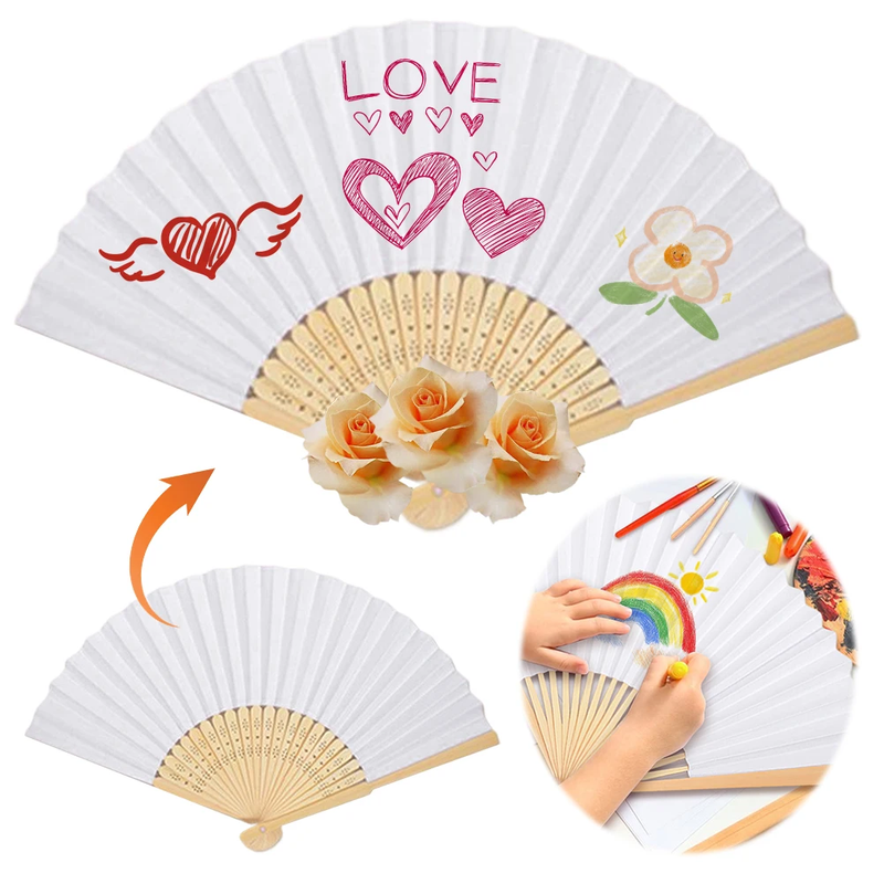6/10/20 Pcs White Paper Hand Fan Bamboo Folding Fan DIY Blank Paper Fan for DIY