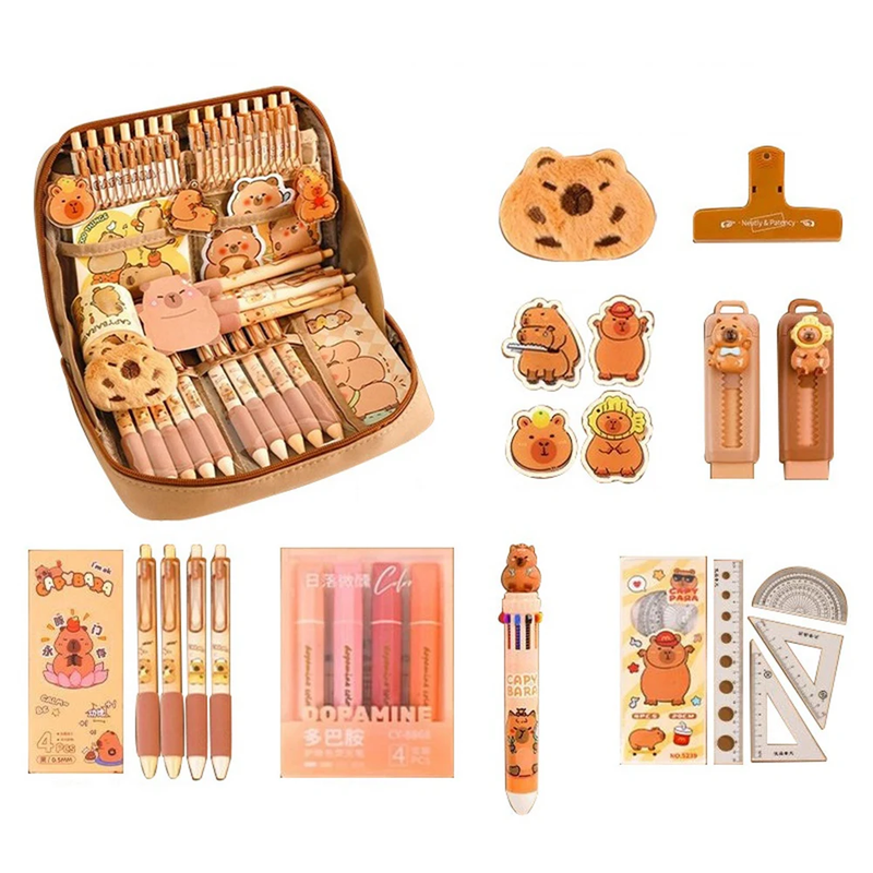 Cartoon Animal Stationery Suit Clips/Pen/Plush Pendants Cute Capybara Pencil Cas