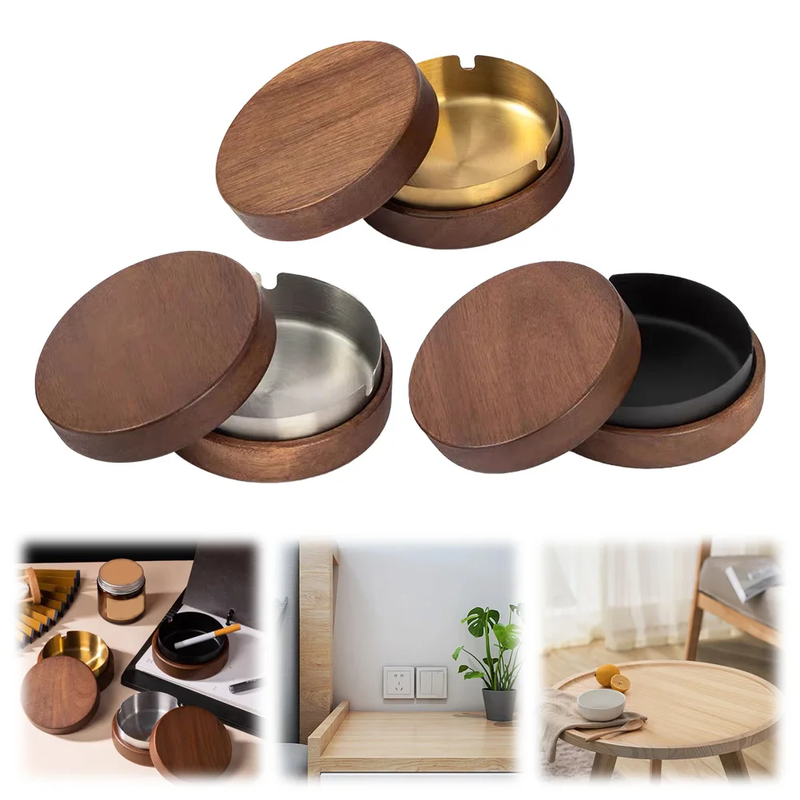 Wooden Ashtray with Lid Stainless Steel Liner Ash Tray Windproof Ashtray for Ind