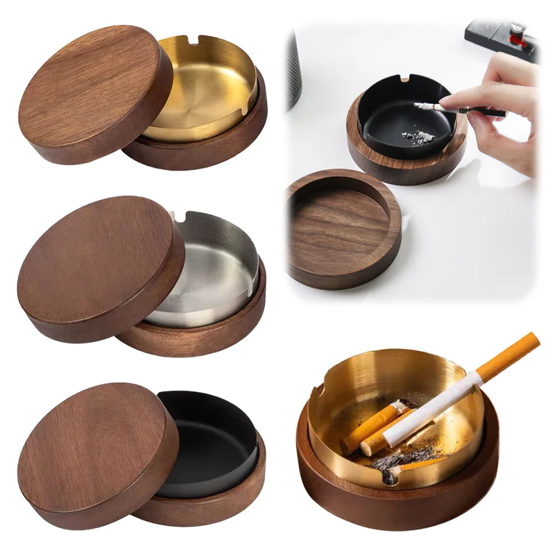 Wooden Ashtray with Lid Stainless Steel Liner Ash Tray Windproof Ashtray for Ind