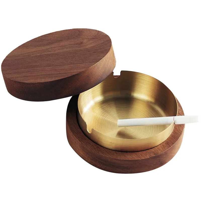 Wooden Ashtray with Lid Stainless Steel Liner Ash Tray Windproof Ashtray for Ind