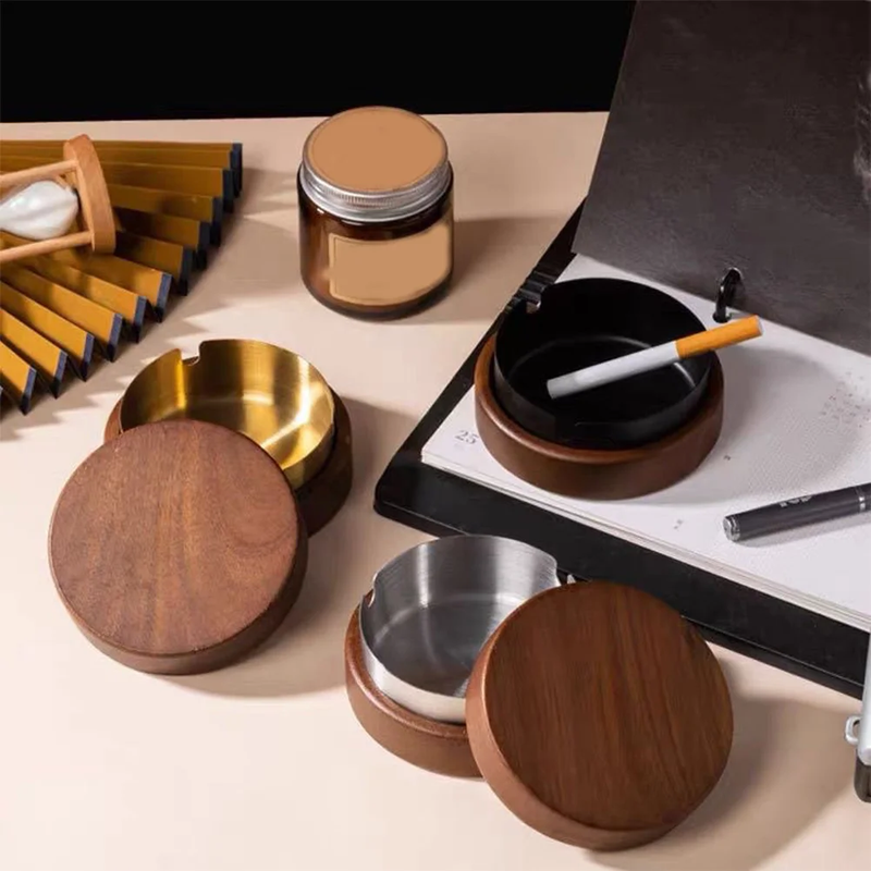 Wooden Ashtray with Lid Stainless Steel Liner Ash Tray Windproof Ashtray for Ind