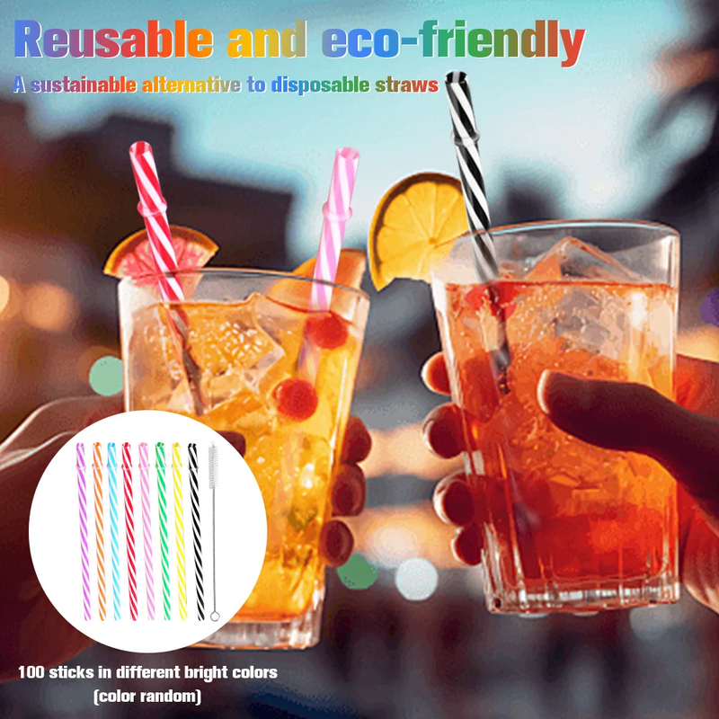 100Pcs Cocktail Straw with Straw Brush Flexible Plastic Straw Colored Drinking S