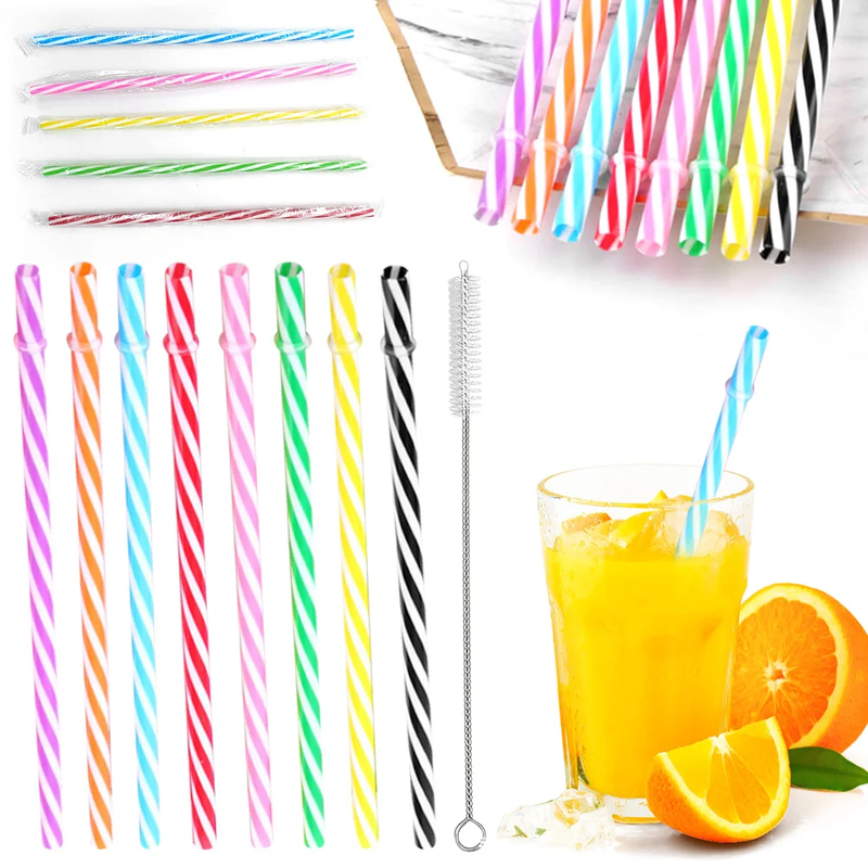 100Pcs Cocktail Straw with Straw Brush Flexible Plastic Straw Colored Drinking S