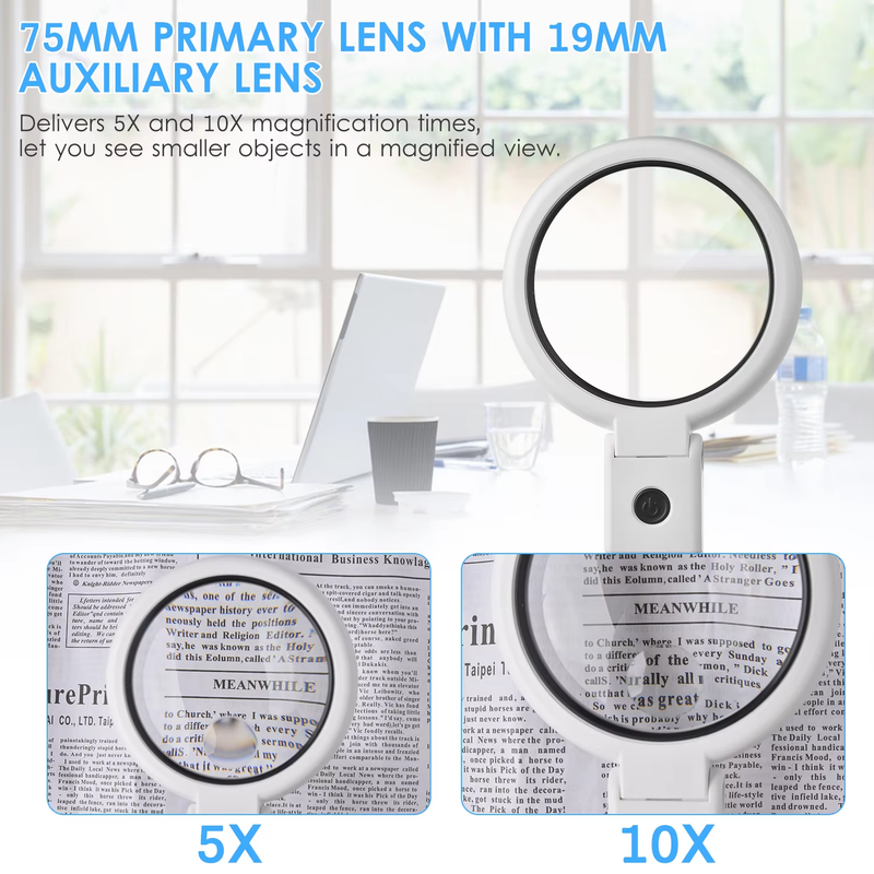 5X/10X Handheld Desk Magnifier with LED Light and Stand USB Powered Illuminated