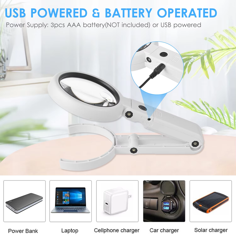 5X/10X Handheld Desk Magnifier with LED Light and Stand USB Powered Illuminated