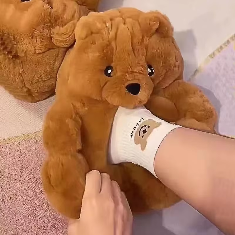 Cartoon Bear Cotton Slippers Warm Cute Teddy Bear Slippers Oversize Indoor Home