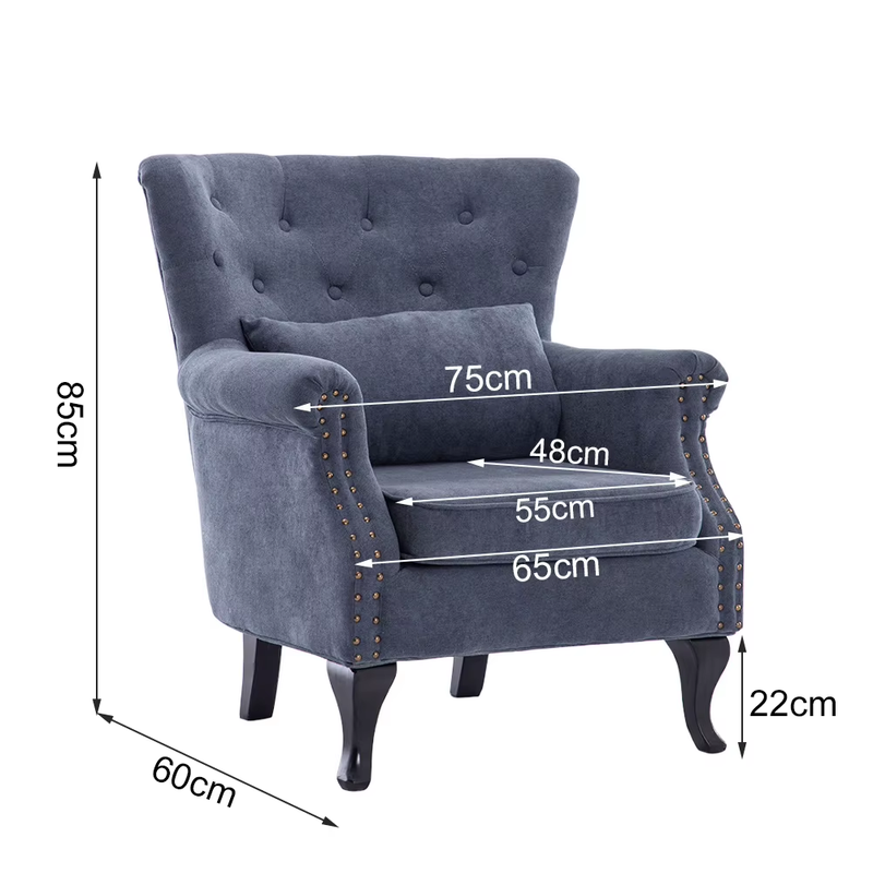 Dark Grey Chenille Wingback Armchair with Thick Cushion and Lumbar Pillow Living