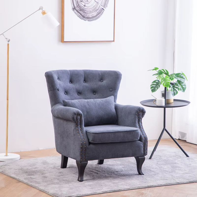 Dark Grey Chenille Wingback Armchair with Thick Cushion and Lumbar Pillow Living