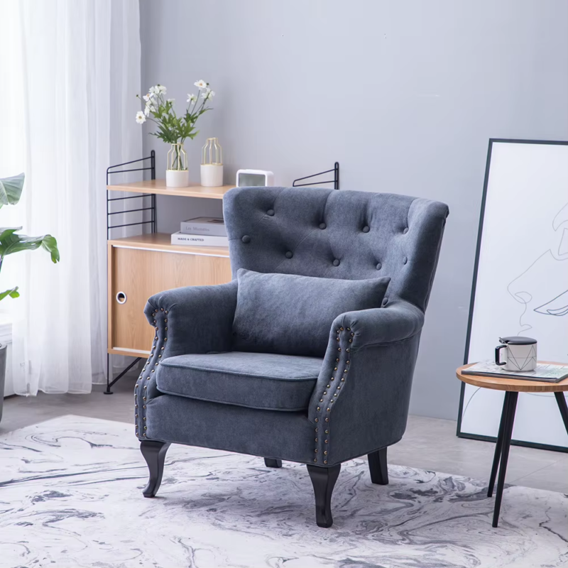 Dark Grey Chenille Wingback Armchair with Thick Cushion and Lumbar Pillow Living