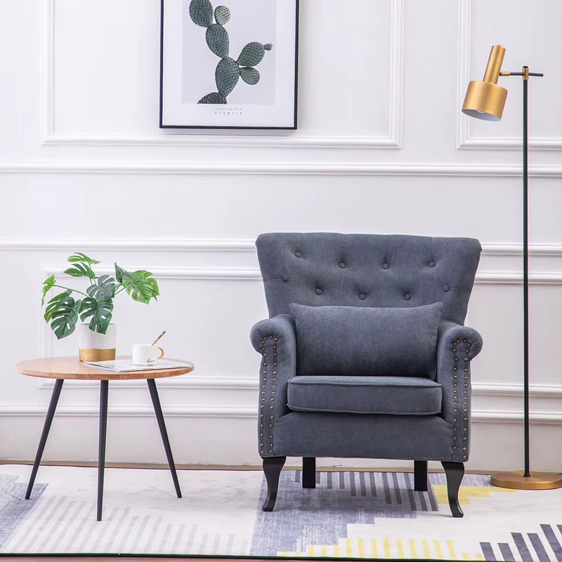 Dark Grey Chenille Wingback Armchair with Thick Cushion and Lumbar Pillow Living