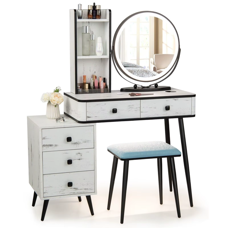 Vanity Set with 3-Color Lighted Mirror, Makeup Table W/ Cushioned Stool, 3-Drawe