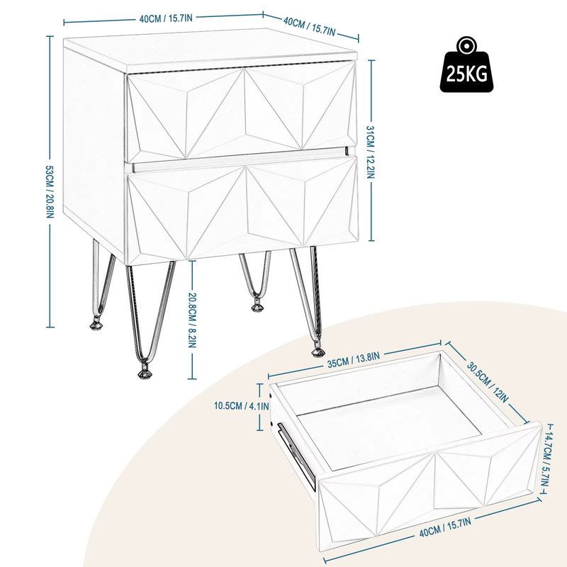 Bedside Table 40X53X40Cm Decorative Adult Nightstand Modern Storage Unit with 2