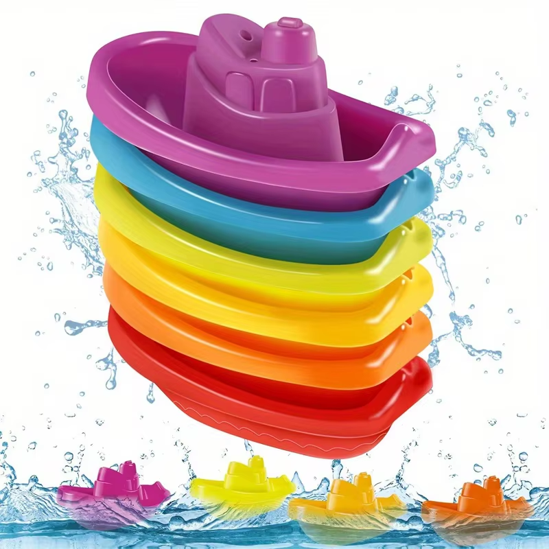 Bath Toys Floating Boats with Bathing Spoon Durable Educational Plastic Stacking