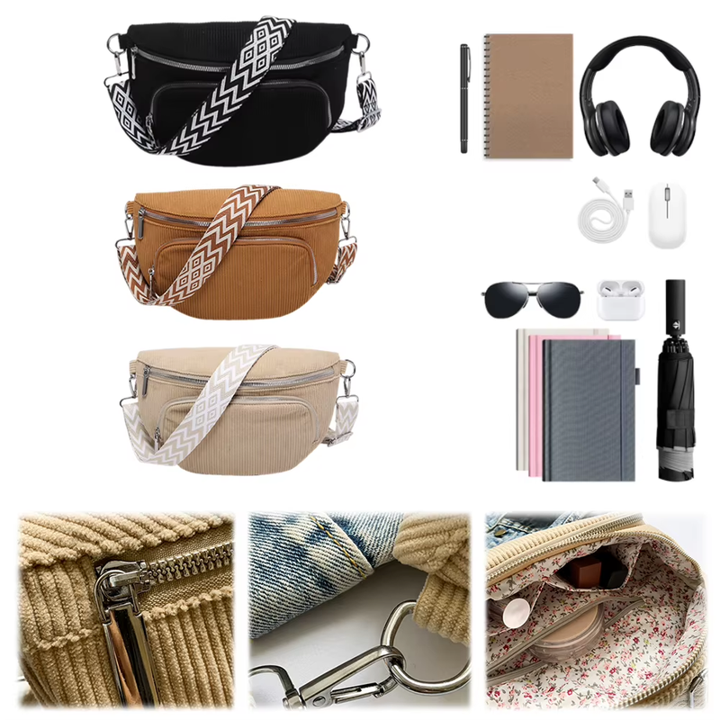 Corduroy Chest Bag Fashion Fanny Pack Wide Guitar Strap Stylish Crossbody Bag Mu