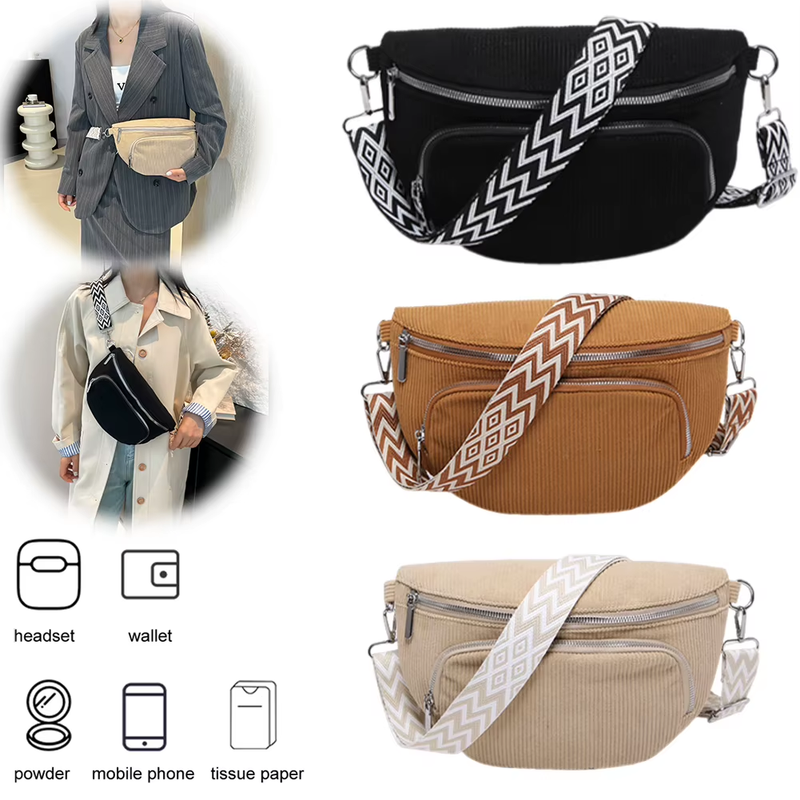 Corduroy Chest Bag Fashion Fanny Pack Wide Guitar Strap Stylish Crossbody Bag Mu