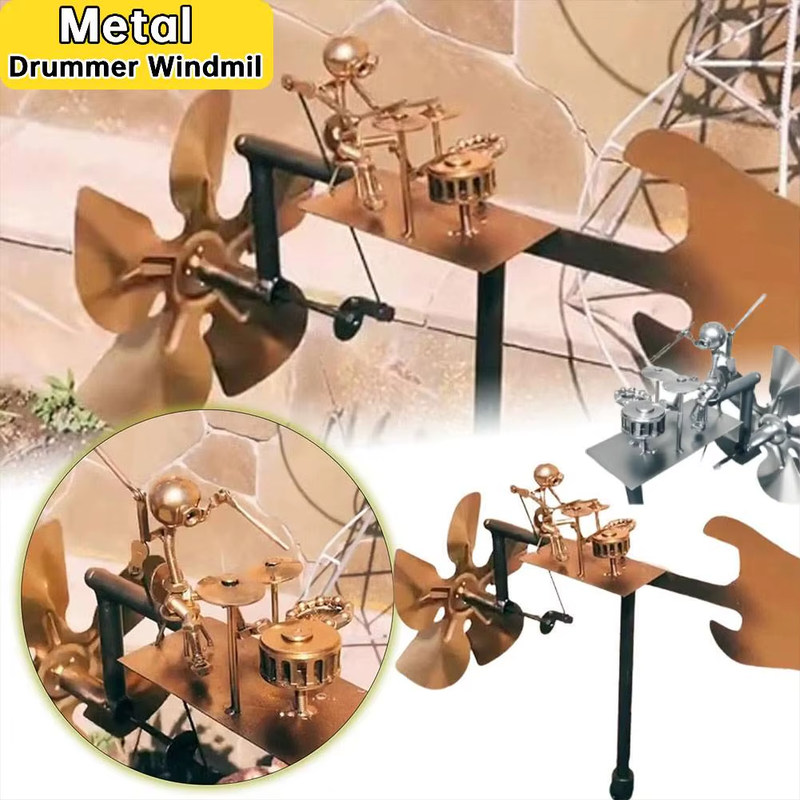 Handmade Metal Drummer Windmill Statue Decorative Beat the Drums with the Wind O