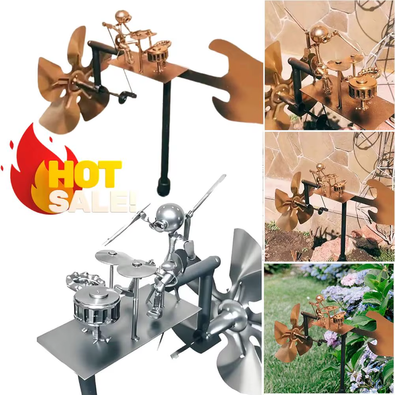 Handmade Metal Drummer Windmill Statue Decorative Beat the Drums with the Wind O