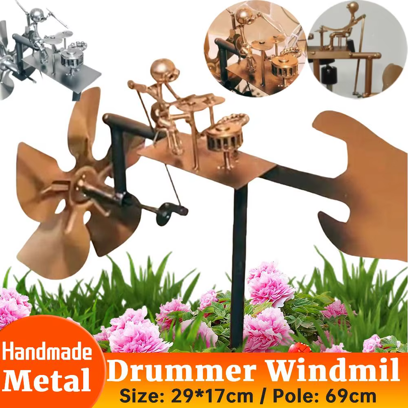 Handmade Metal Drummer Windmill Statue Decorative Beat the Drums with the Wind O