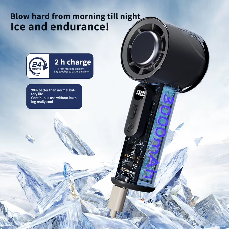 Rechargeable Handheld Turbo Fan with LED Digital Display 3000Mah Battery Wtih 10