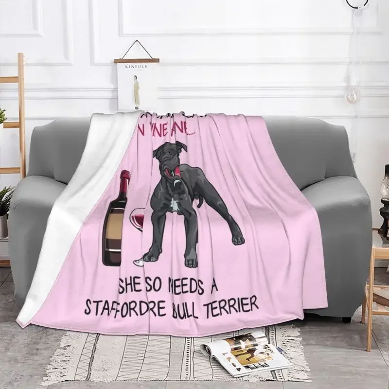 Staffordshire Bull Terrier and Wine Funny Dog Blankets Warm Flannel Pet Puppy Lo