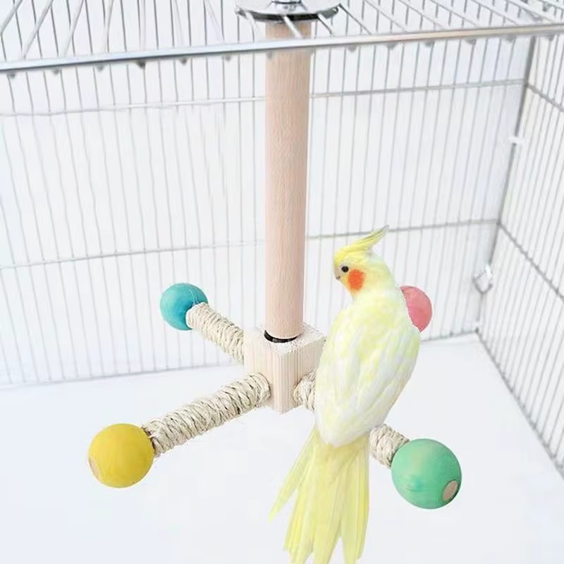 Bird Perch Toy Bird Cage Perch Stand Rotating Interactive Foraging Wooden Chewer