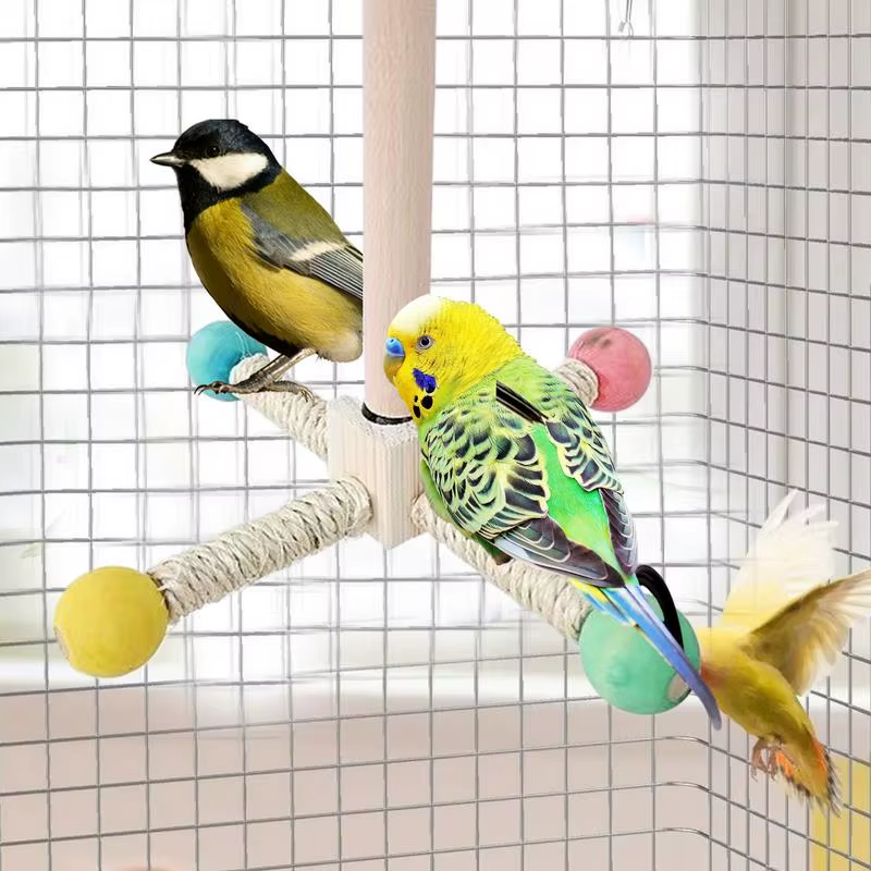Bird Perch Toy Bird Cage Perch Stand Rotating Interactive Foraging Wooden Chewer