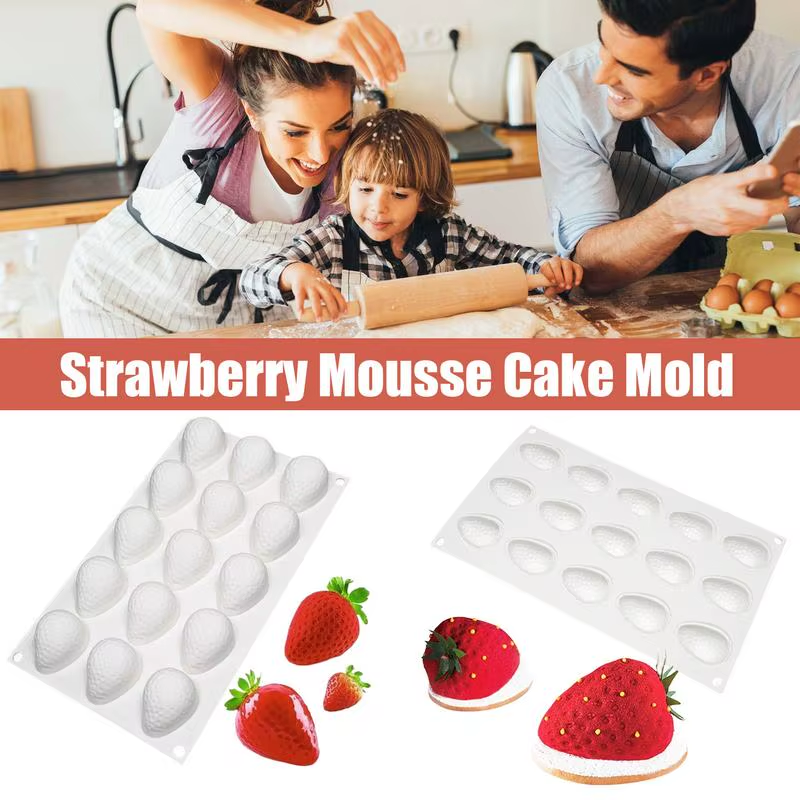 Silicone Cake Molds 15-Cavity Strawberry Shape Mousse Cake Baking Mold Reusable