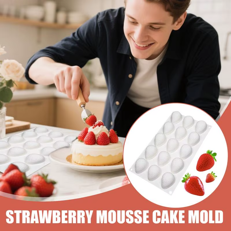 Silicone Cake Molds 15-Cavity Strawberry Shape Mousse Cake Baking Mold Reusable