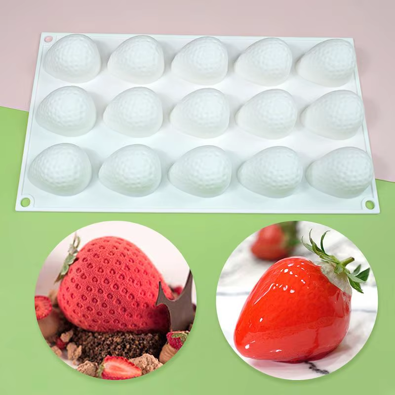 Silicone Cake Molds 15-Cavity Strawberry Shape Mousse Cake Baking Mold Reusable