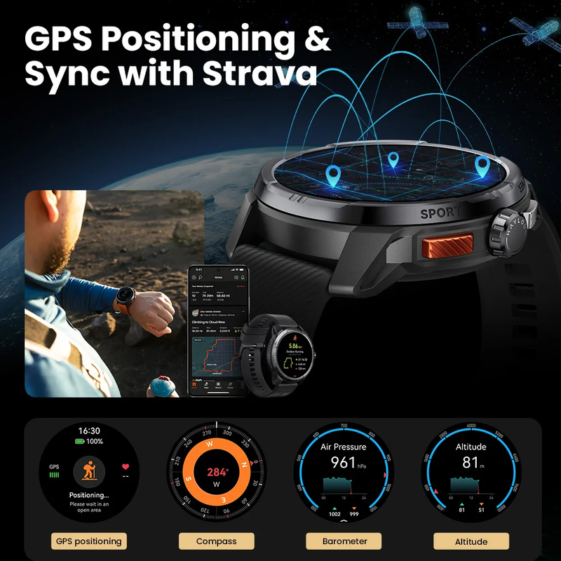 Solar Ultra GPS Smartwatch 1.6 AMOLED Display 5ATM Waterproof Built-In GPS Blue