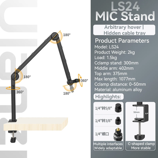 Vijim LS24 LS25 Microphone Boom Arm Stand Heavy Duty Desktop Adjustable DSLR Cam