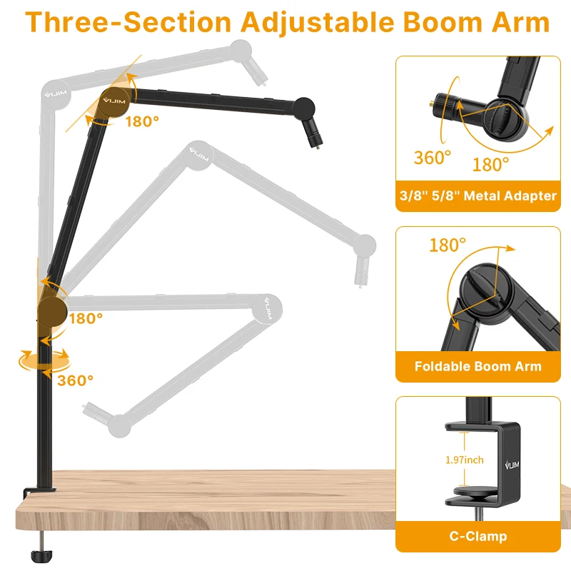 Vijim LS24 LS25 Microphone Boom Arm Stand Heavy Duty Desktop Adjustable DSLR Cam