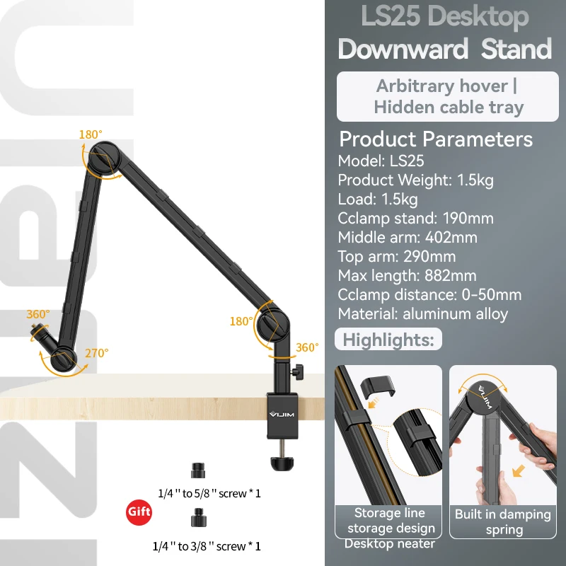 Vijim LS24 LS25 Microphone Boom Arm Stand Heavy Duty Desktop Adjustable DSLR Cam