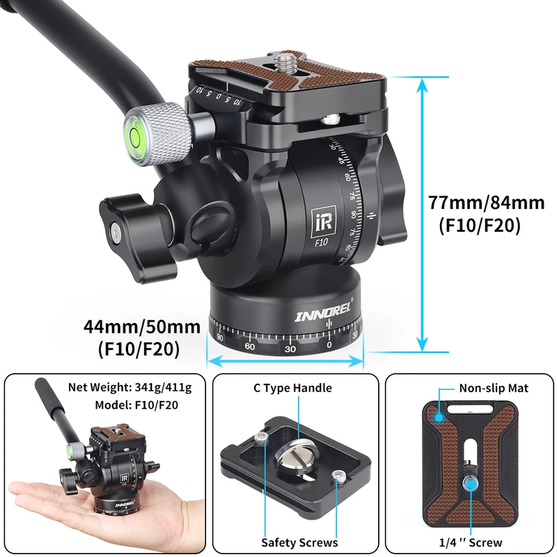F10/F20 Mini Tripod Fluid Head Metal Camera Video Tripod Head with Arca Swiss Qu