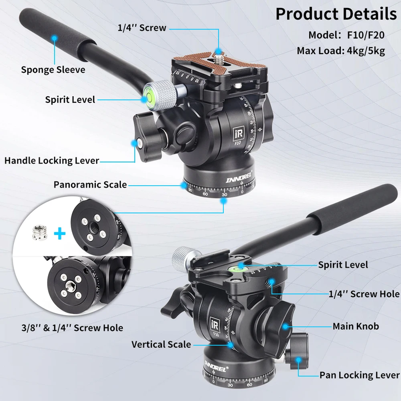 F10/F20 Mini Tripod Fluid Head Metal Camera Video Tripod Head with Arca Swiss Qu