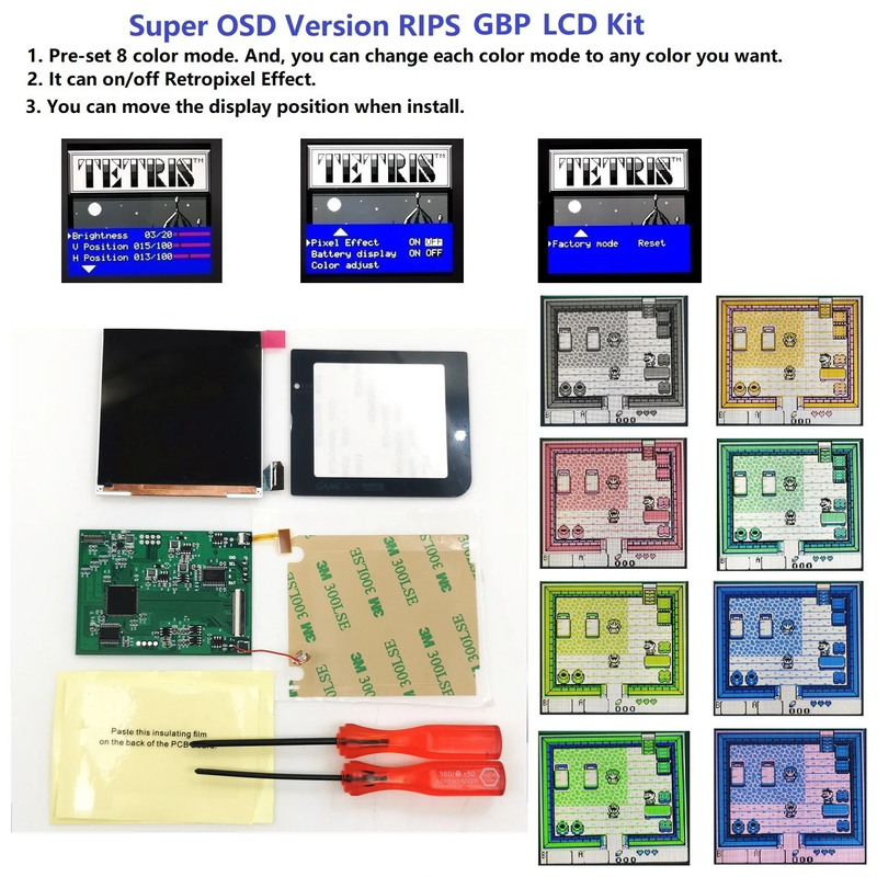GBP Q5 Larger IPS Screen Display Build in OSD for Gameboy Pocket 8 Color Retro P