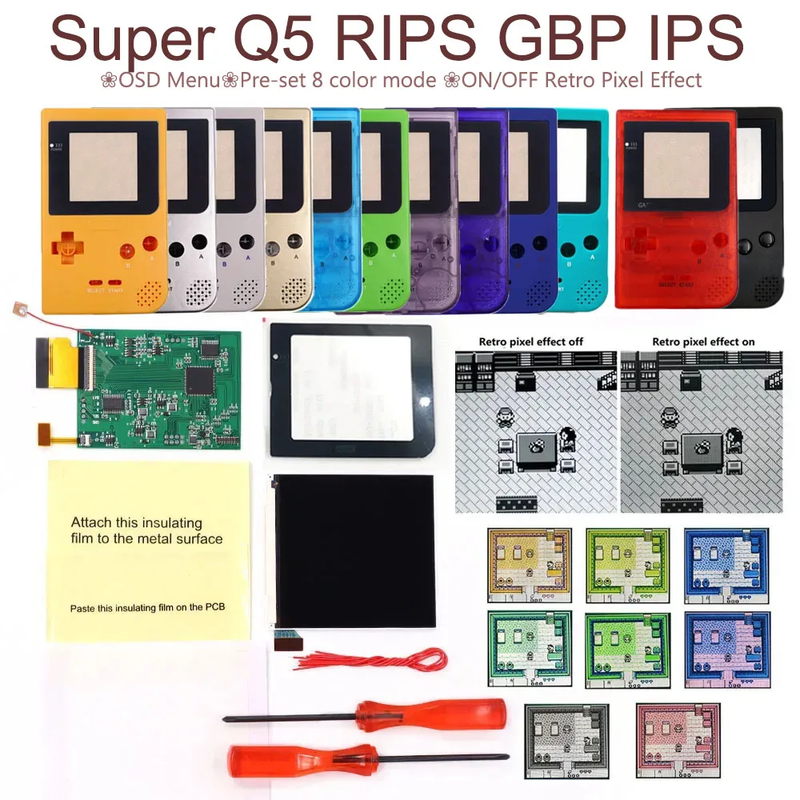 GBP Q5 Larger IPS Screen Display Build in OSD for Gameboy Pocket 8 Color Retro P
